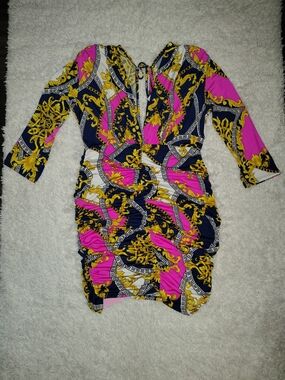 NWOT Pink & Navy Baroque Print Ruched Women’s Dress